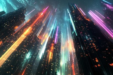 Futuristic city skyline features glowing skyscrapers with colorful lights at night creating a vibrant urban atmosphere