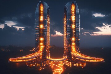 Twin towers with mirrored glass design create a stunning skyline connection at sunset