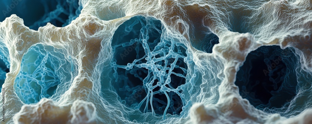 Poster intricate structure of amoebas forming cellular connections and complex network patterns under a mic