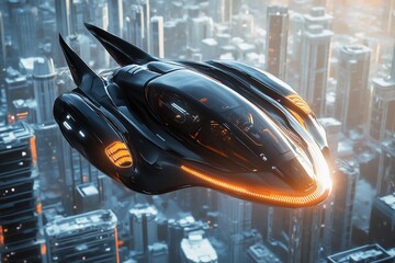 Futuristic vehicle soars above a vibrant city skyline during sunset with bright lights illuminating the surroundings