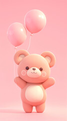 A lovely little bear is holding several balloons in its hand