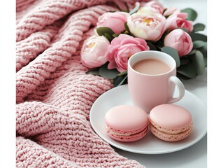 Cozy spring brunch with soft blankets, floral wreaths, pastel color palette