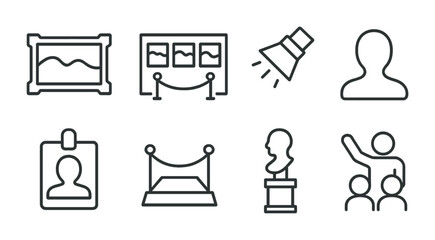 Art and museum outline icons set – linear, gallery, exhibition and art symbols