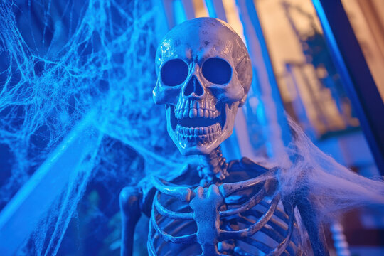 Skeleton with spider web on its back, eerie yet captivating contrast.