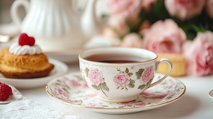 Elegant English garden-style tea party, soft vintage decor, classic floral china