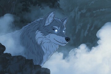 Wolf with radiant eyes reflects the power of the moon in a mystical forest setting under twilight sky