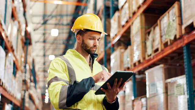 Man, tablet or distribution with inspection at plant, shipping information scroll or schedule for quality control. Logistics, supplier or delivery report on tech for inventory management at warehouse