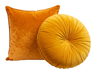 Two round velvet pillows in mustard yellow and rust orange, with pleated fabric isolated on a tracnsparent background
