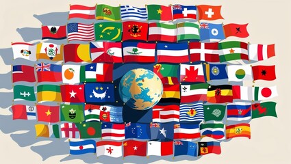 Globe surrounded by flags of different countries representing global unity and international relations