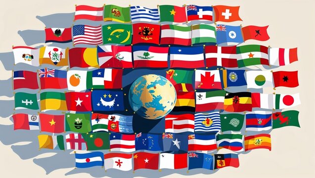 Globe surrounded by flags of different countries representing global unity and international relations