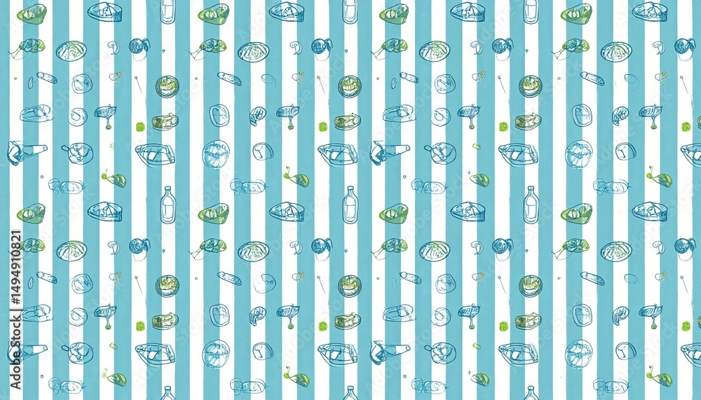 Poster light teal and white striped background with whimsical, repeating patterns.