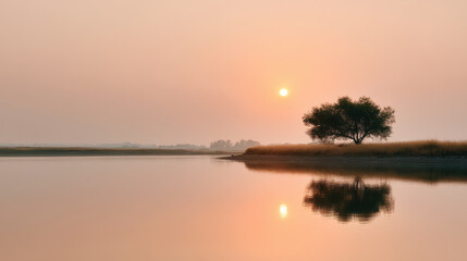 Obraz premium serene sunset over tranquil lake with ultrabright sky painted in warm hues