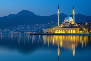 Magnificent illuminated mosque reflected in the serene waters at twilight