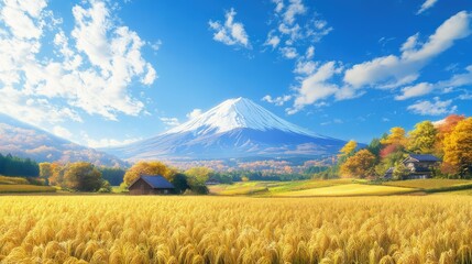 Fototapeta premium Majestic Mount Fuji in 3D, framed by rich golden paddies under a vibrant blue sky with scattered clouds