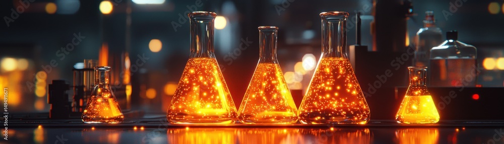 Poster dark cyberpunk aesthetic with quantum dots and glowing flask lab scene in a futuristic setting