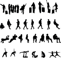 Set of people silhouettes — walking, sitting, dancing, and posing