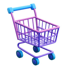 A rendered image of a miniature shopping cart with blue accents and a purple and pink basket frame