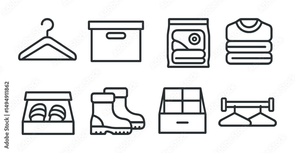 Poster home organization outline icons set – tidy, storage, declutter essentials