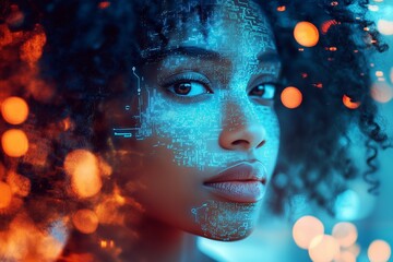 African American Girl Using Augmented Reality Private Data Leak Design AR,VR Background A Young Data Realistic Scientist A Blue Orange Purple Still Hologram Virtual Reality, Machine Learning AI