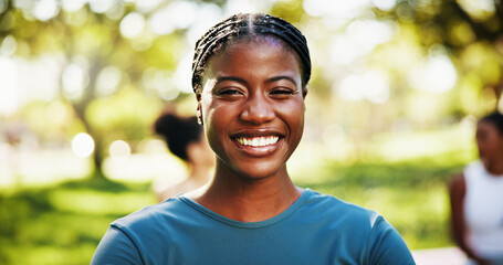 Outdoor, woman and smile in portrait for yoga class, holistic healing and mindfulness with...