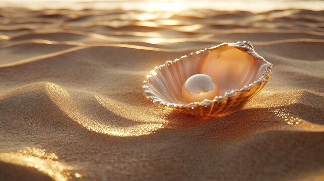 Pearl inside an iridescent seashell resting on golden sand with a blurred beach background view - Powered by Adobe
