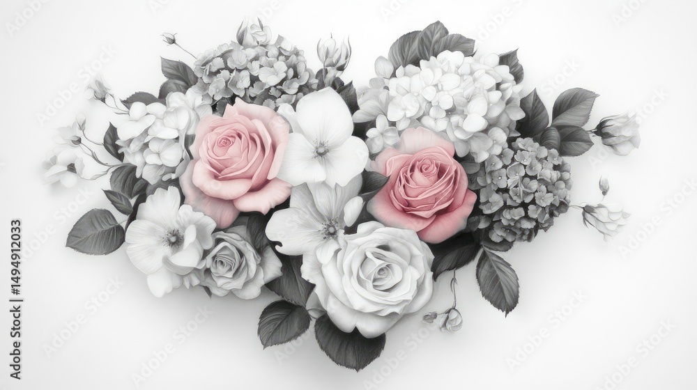 Aufkleber pencil-drawn heart made of soft roses and clustered hydrangeas, rendered with deep shadow and light 