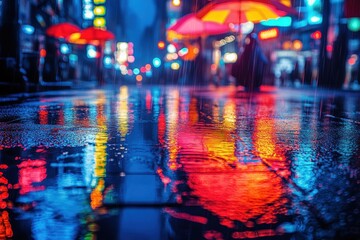 Vibrant reflections of neon lights and umbrellas on a rainy street in an urban setting at night