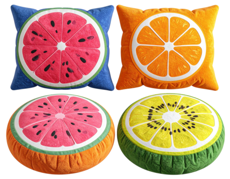 3D plush fruit cushions, including an orange, a watermelon, a kiwi, and a lemon isolated on a tracnsparent background