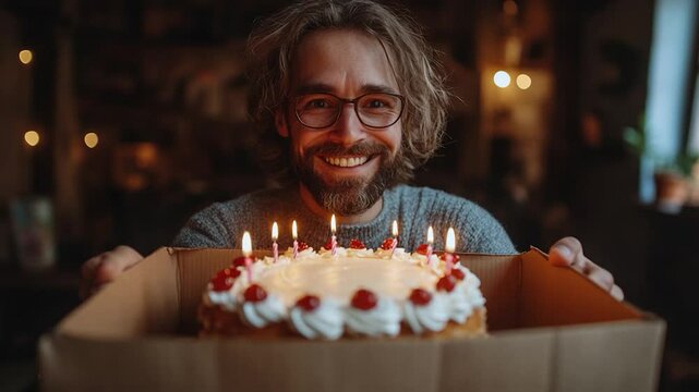Happy man holding birthday cake