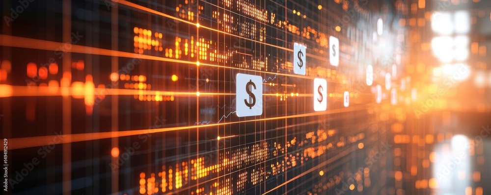Poster conceptual visualization of financial data with currency symbols and dynamic stream patterns in a fu