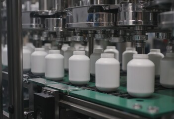 Automated production line filling white bottles in a manufacturing facility