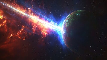 Fototapeta premium Planet with Fiery and Icy Trails in Space, Vibrant cosmic scene depicting a planet with fiery and icy trails in space
