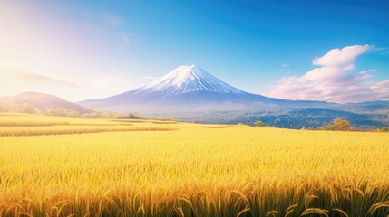 Fototapeta premium Realistic 3D Mount Fuji view with rippling golden rice fields in the foreground and a crisp blue sky