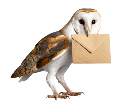 A barn owl holding an envelope in its beak, standing on the ground isolated on a tracnsparent background