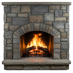 Rustic stone fireplace with wood-burning flame, surrounded by gray and brown masonry in an arch design, isolated on white or transparent background. PNG