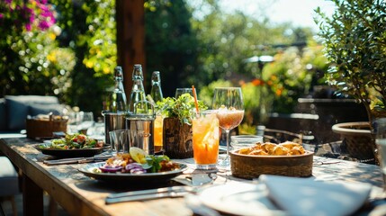 A family dining outdoors on a sunny day at a garden patio, with delicious food and refreshing drinks served on a wooden table