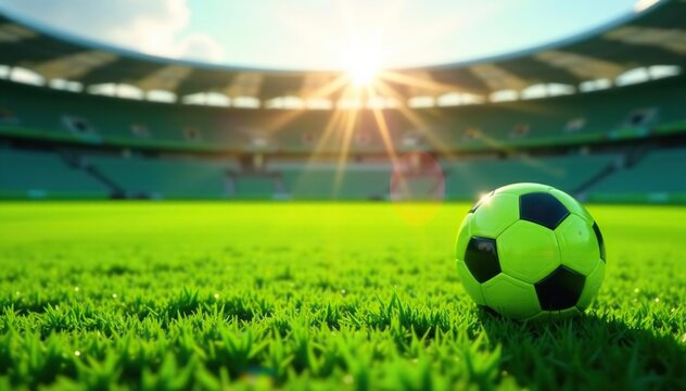 Close-up vibrant green soccer field, bright sunlight , match, football