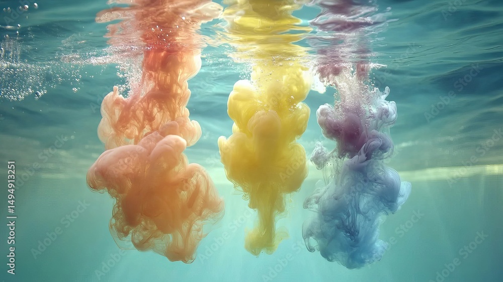 Poster three plumes of colored ink dissolving in water creating abstract shapes and bubbles in a clear liqu