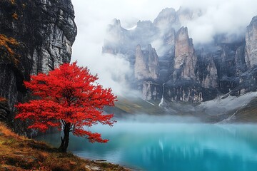 Picturesque Red-Leafed Tree Near an Emerald Blue Lake