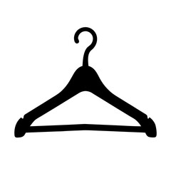 A silhouette of a classic clothes hanger on a plain white background