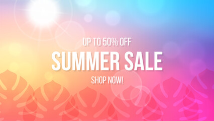 Summer Sale Commercial. Summertime season sale promotional banner with vibrant color blurred gradients and summer sun. Vector illustration.