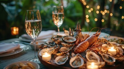 A gourmet alfresco dining experience with fresh seafood, fine wine, and candlelit ambiance in a lush garden
