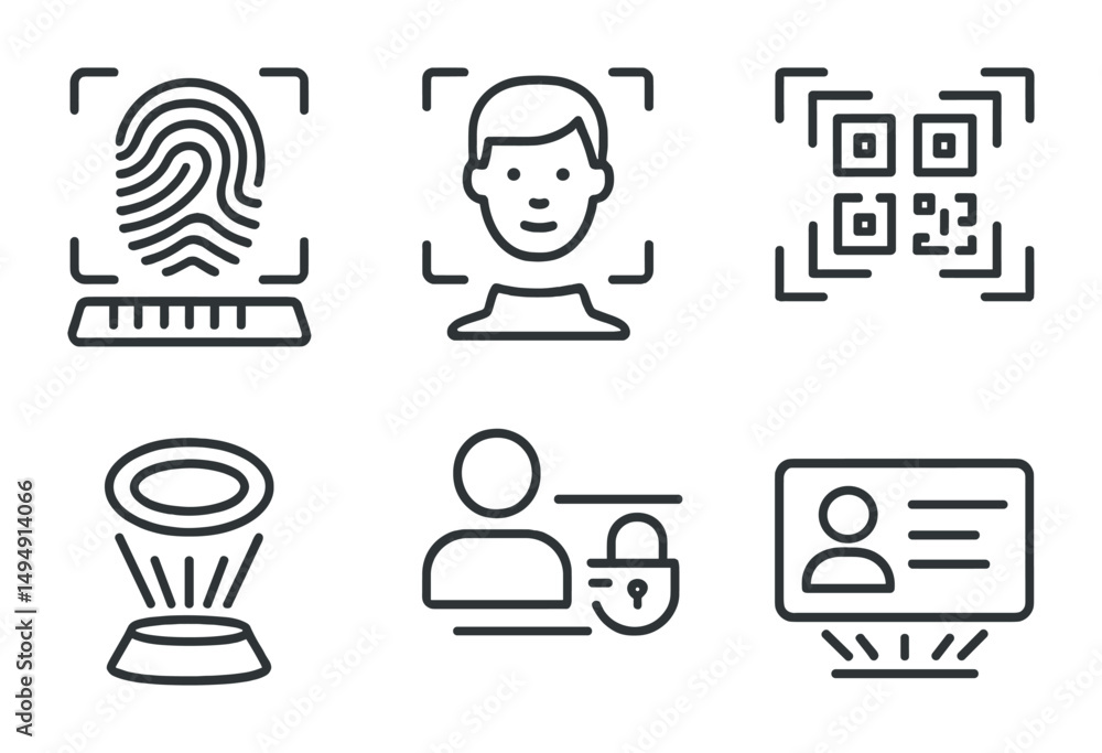 Poster biometrics and security line icons set – outline, authorization, identification symbols