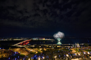 Colorful Fireworks Over Strelka: Kanavinsky Bridge and Alexander Nevsky Cathedral. 9 May
