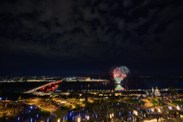 Colorful Fireworks Over Strelka: Kanavinsky Bridge and Alexander Nevsky Cathedral. 9 May