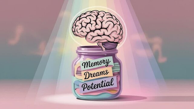 Brain emerging from a jar labeled 'Memory, Dreams, Potential' in pop art style  