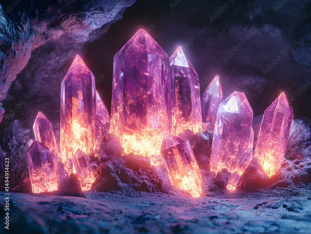 Poster glowing amethyst crystals in a dark cave. the crystals are illuminated from within, creating a mysti