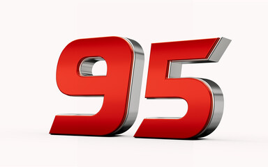 Metallic Red number 95 or Ninety five with silver edges stands on a white background. 3d illustration