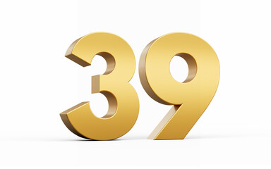 3D Golden number 39 Thirty nine isolated on white background, 3d illustration