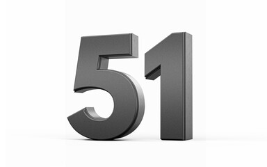 Sleek metallic Black number 51 Fifty one standing on a white background, 3d illustration